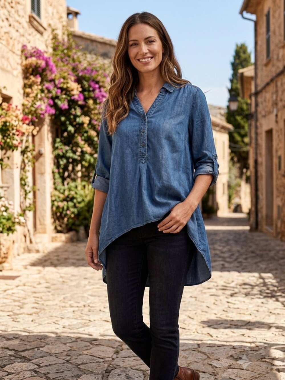Saks Fifth Avenue Chambray Popover Tunic High Low Hem Size Small